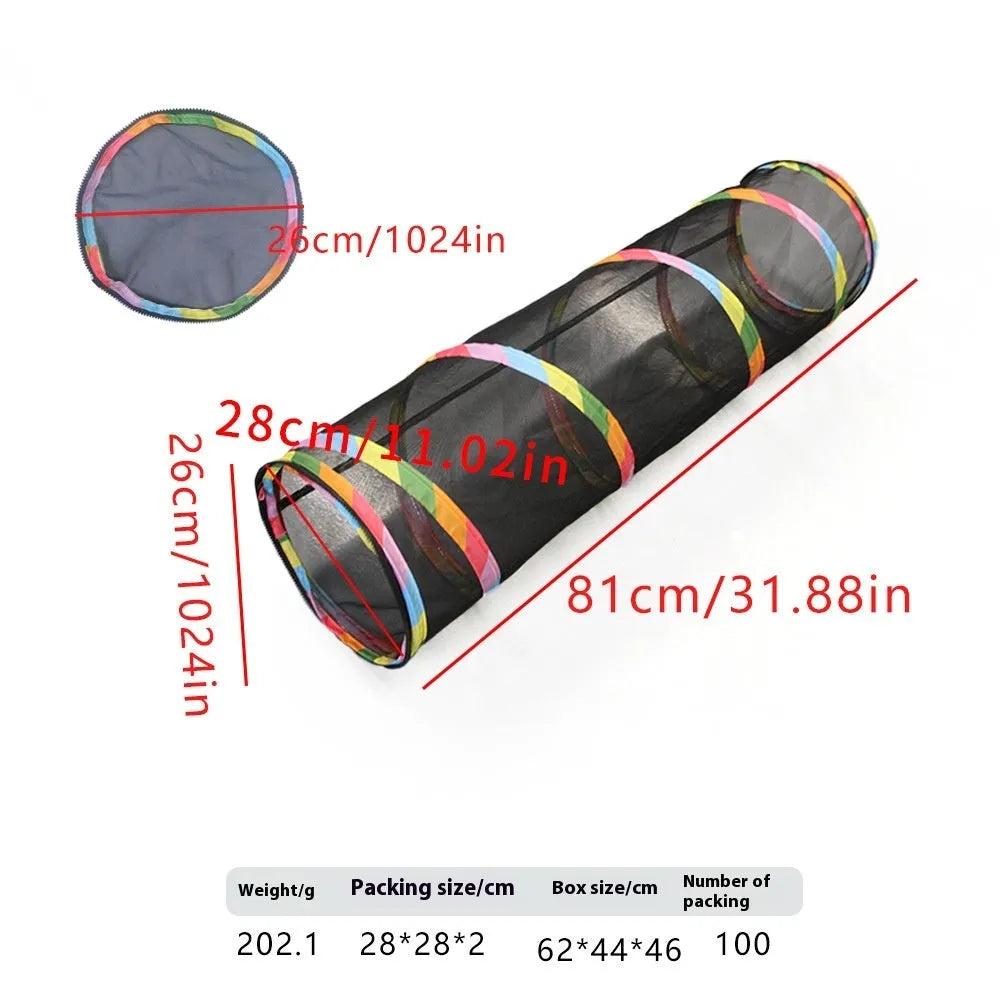 Foldable mesh cat tunnel toy shown in a square shape configuration