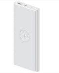 White 10000mAh power bank with USB port and wireless charging surface