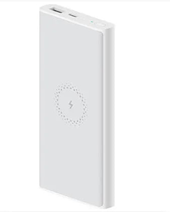 White 10000mAh power bank with USB port and wireless charging surface