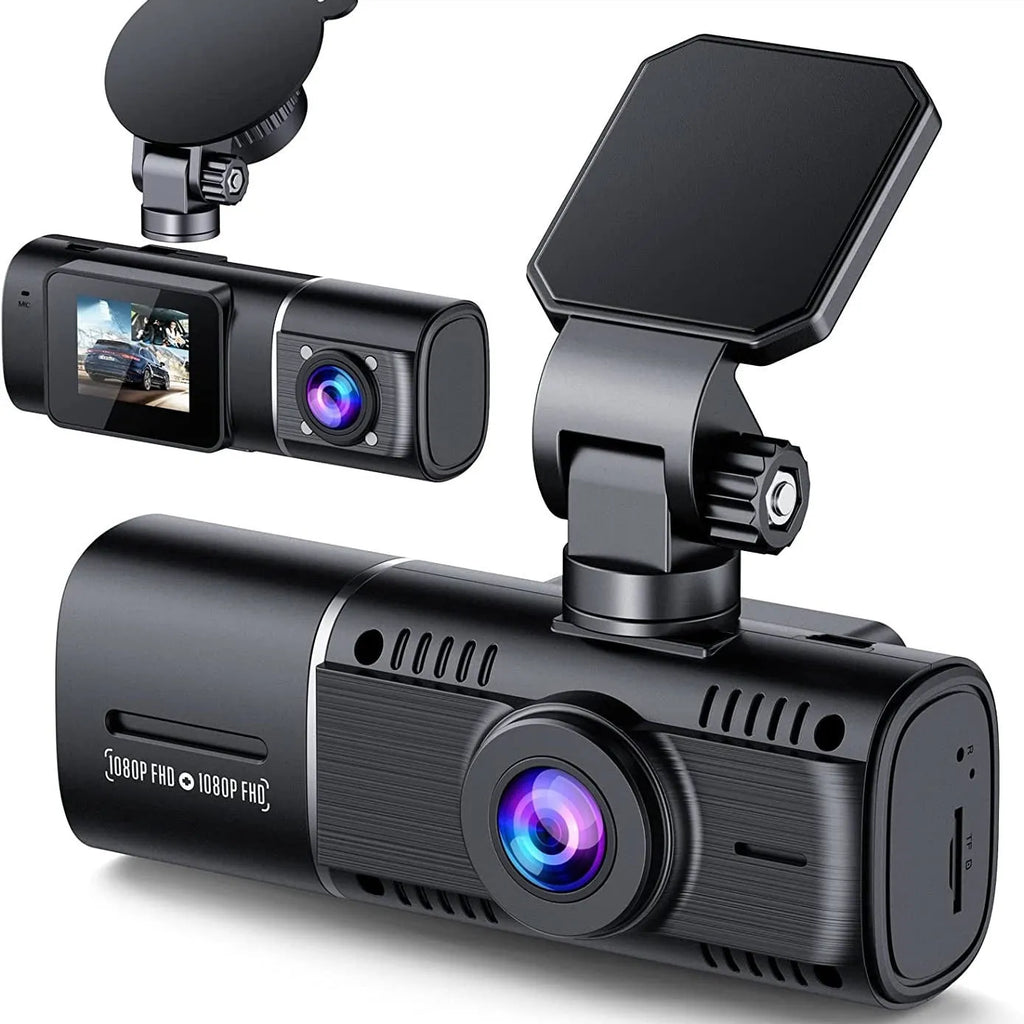 Black dual channel dash cam on a car windscreen with a 1.5-inch screen, showing front and rear camera views.