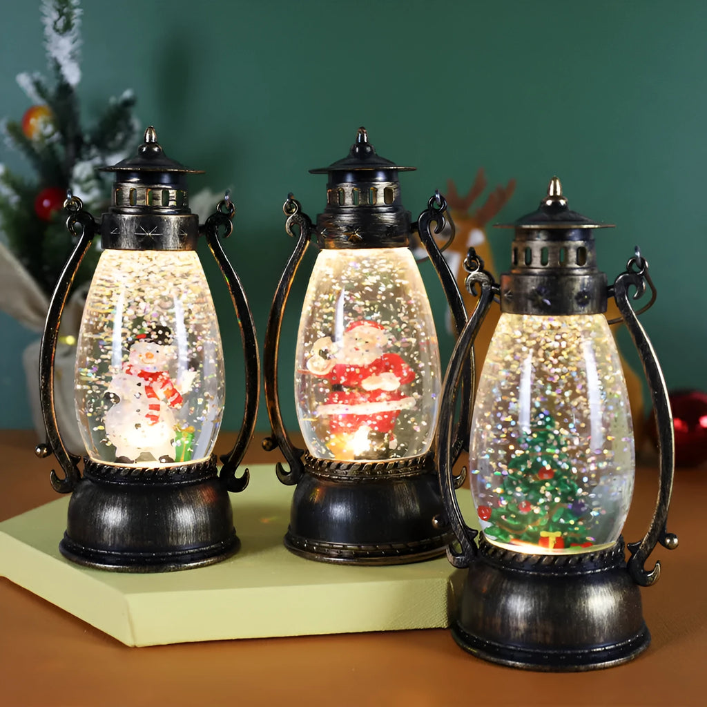 Portable crystal ball oil lamp Christmas ornament showing light-emitting snowman or elderly figure design on a desk.