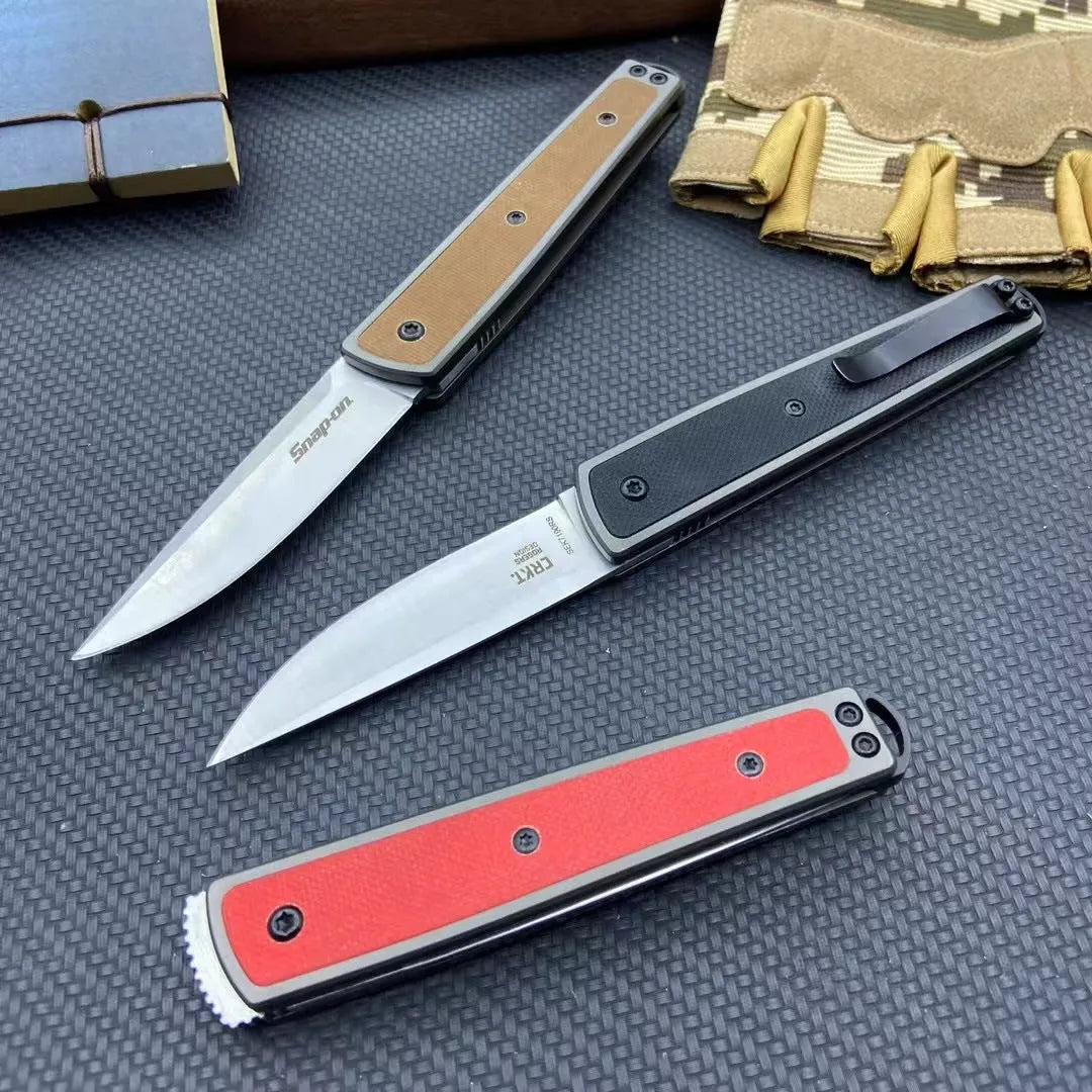 Folding fruit knife with stainless steel blade in black, red or coffee colour options, shown open to 17cm total length