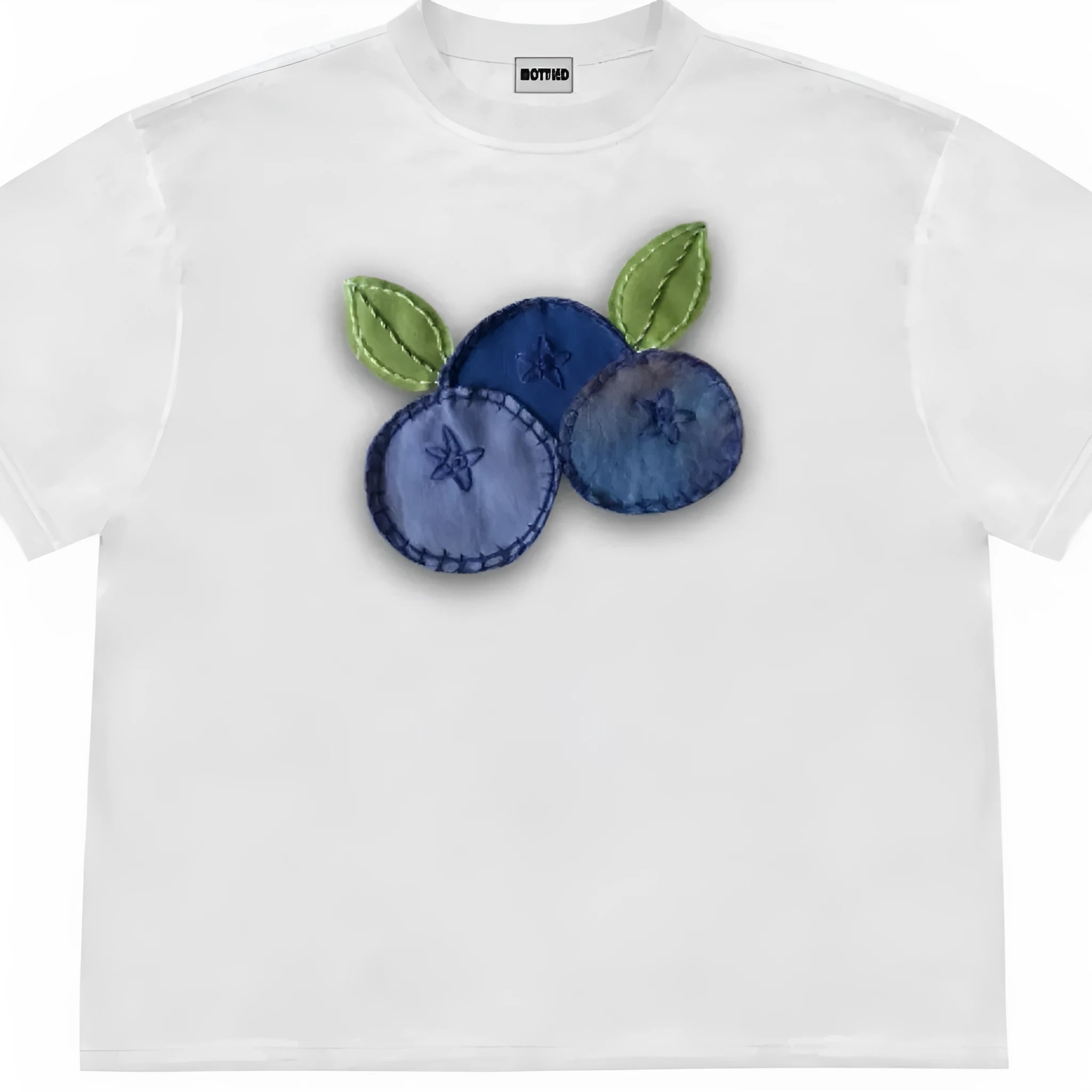 Women's loose blueberry patchwork T-shirt with short sleeves and floral design on Ice Oxygen cotton.