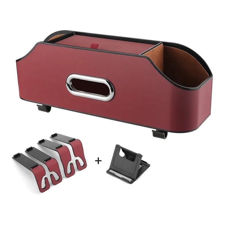 Genuine leather car tissue box and cup holder organiser in black, suspended from a headrest.