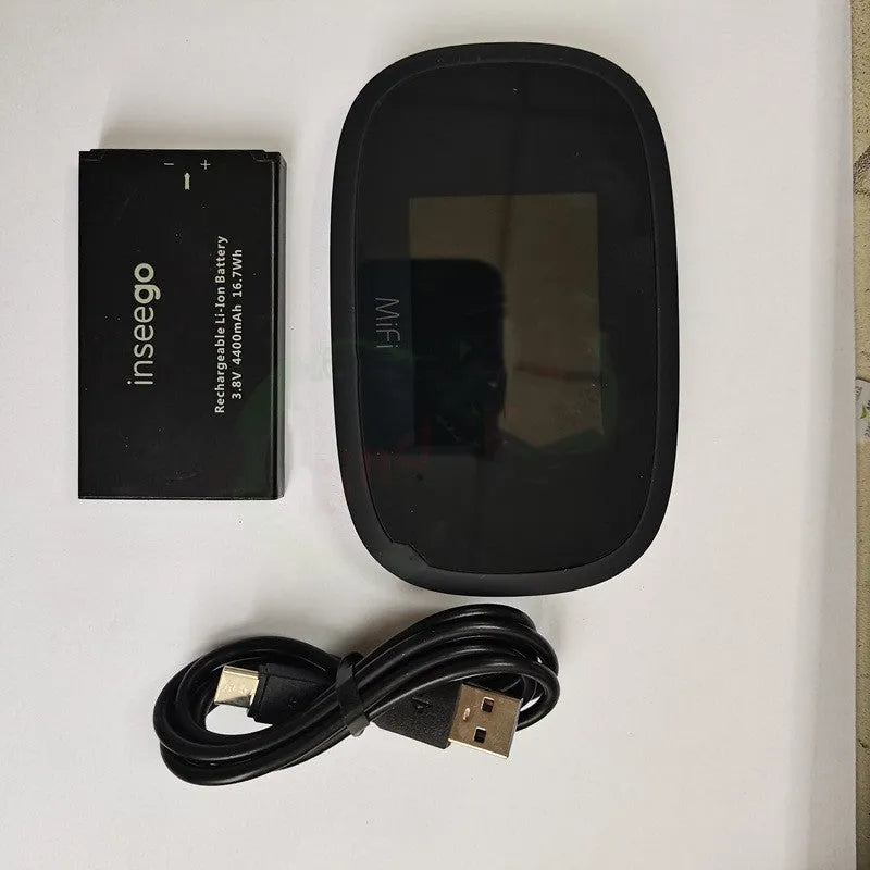 Black MFI8000 4G portable wireless router with battery and data cable.
