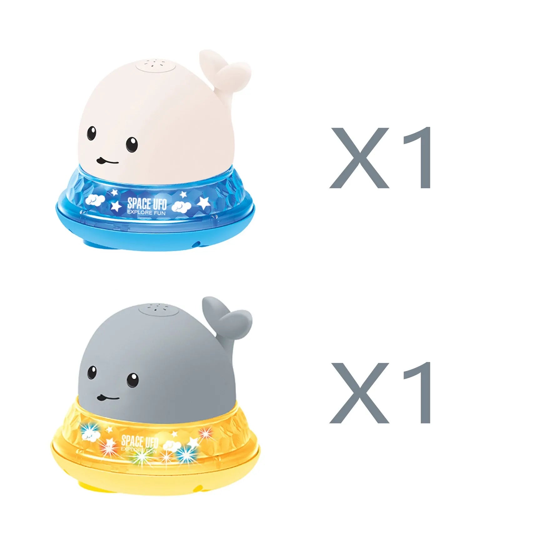 Electric whale-shaped baby bath toy with water spray, LED lights, and automatic water sensor