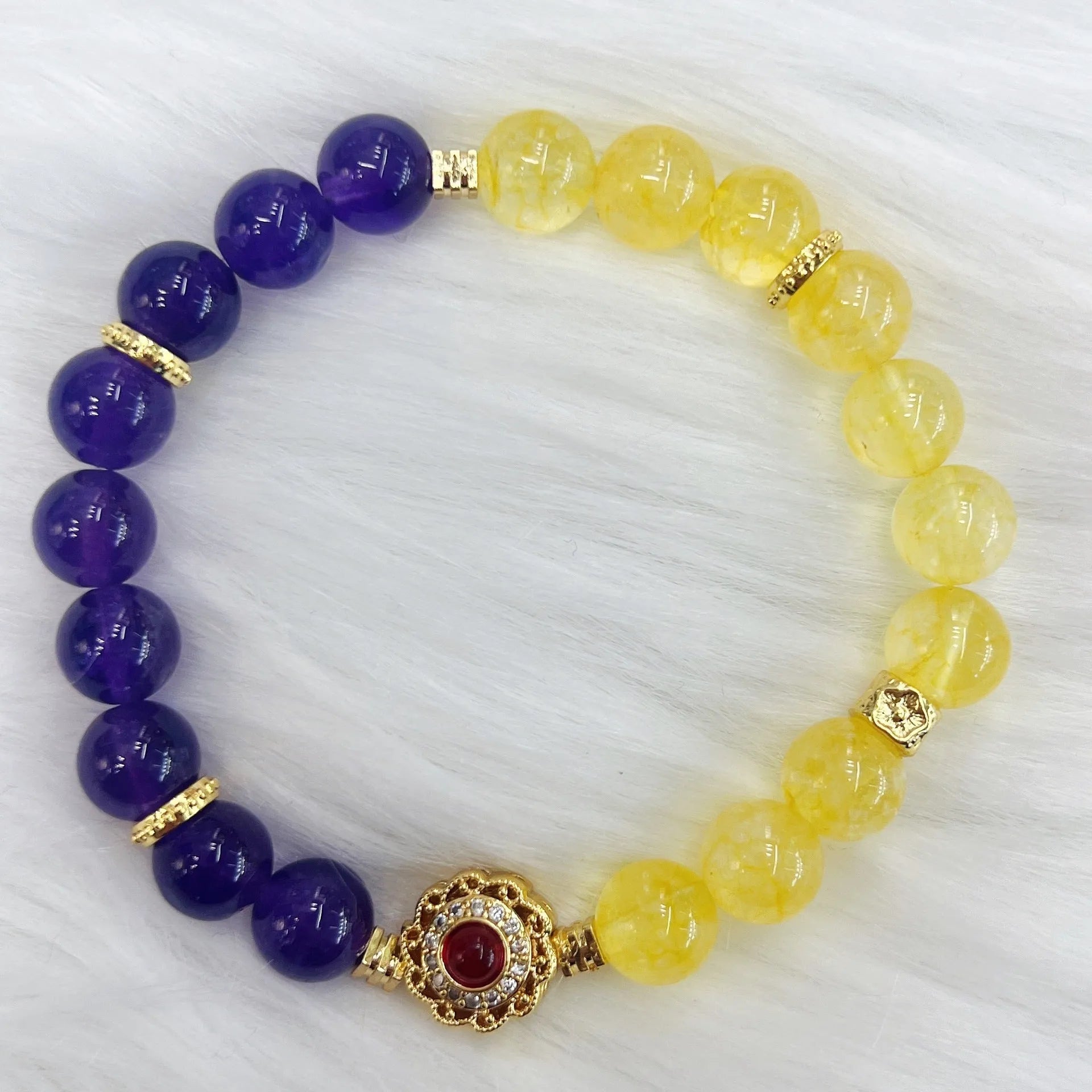 Handmade women's amethyst crystal bracelet with yellow and purple colour combination