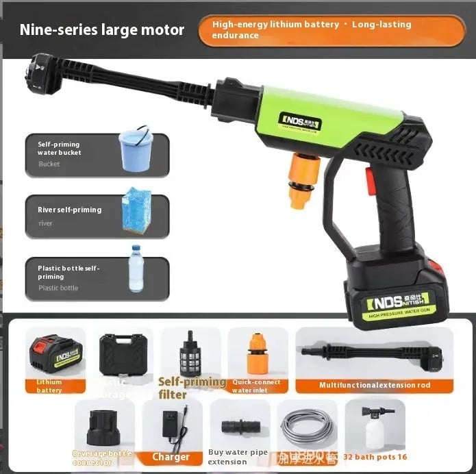 Green cordless high-pressure water gun with multiple nozzle attachments and extension rod on a patio.