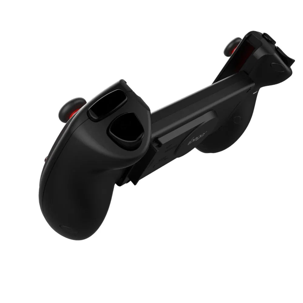 Red telescopic Bluetooth gamepad controller extended with smartphone showing Android and iOS compatibility
