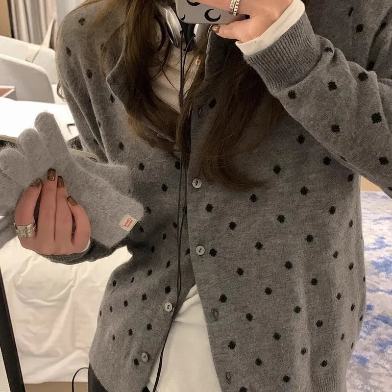 Gray dot knitted cardigan with crochet flower detail on woman, Korean style loose fit