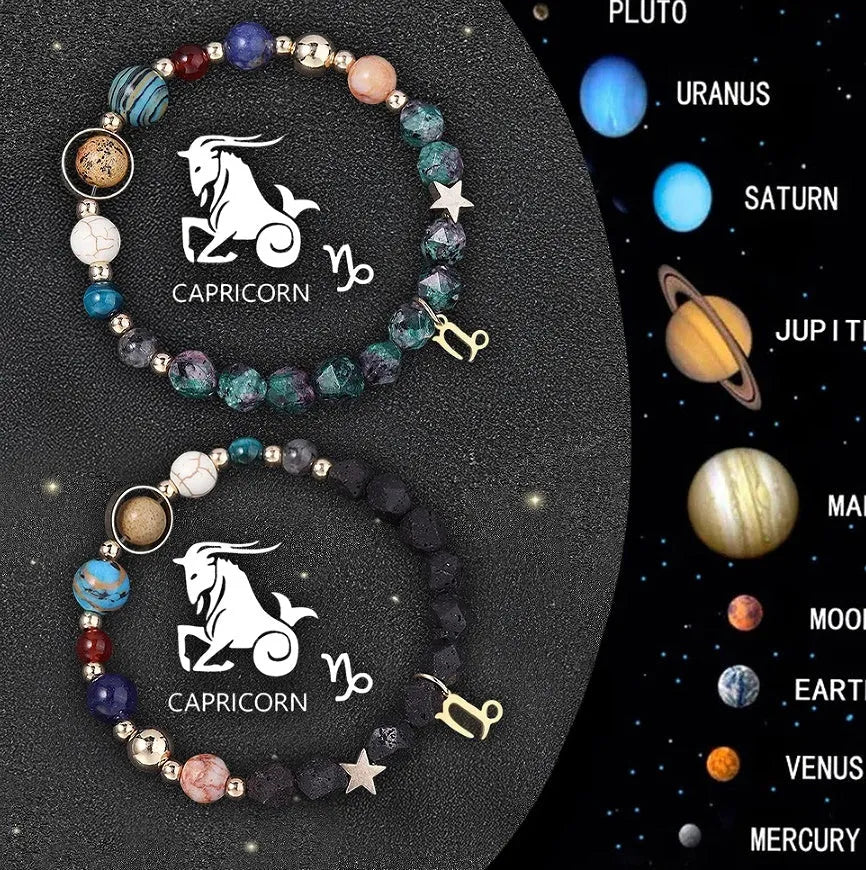 Set of two adjustable natural stone bracelets with zodiac sign charms on beige background