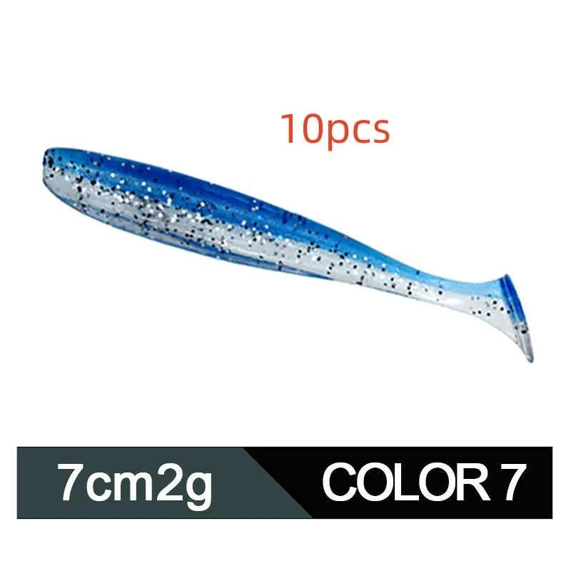 A 7cm long, two-tone T-tail soft worm fishing lure for mandarin fish and topmouth culter.