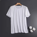 Man wearing ice silk short sleeve crew neck t-shirt in solid colour with thin mesh fabric