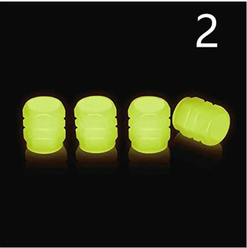 Rubber luminous tyre valve caps in multiple colours showing pack size options for bicycle and motorbike wheels