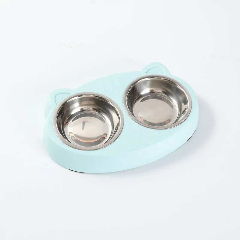 Macaron pet double bowl plastic feeding tray in blue green pink colours measuring 26.5 x 17 x 4 cm