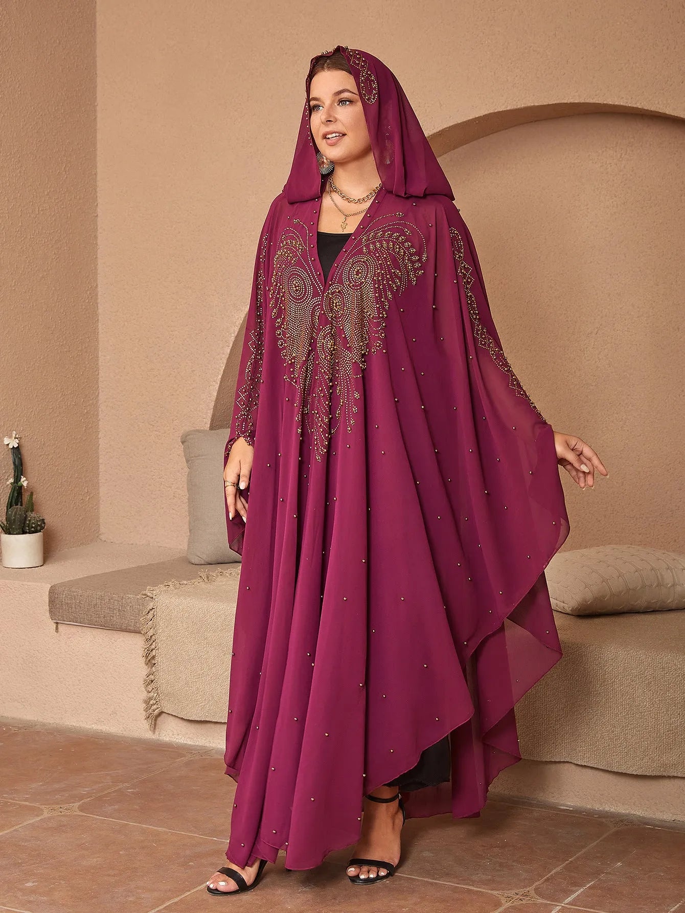 Muslim style chiffon cape shawl with rhinestone beading in multiple colour options