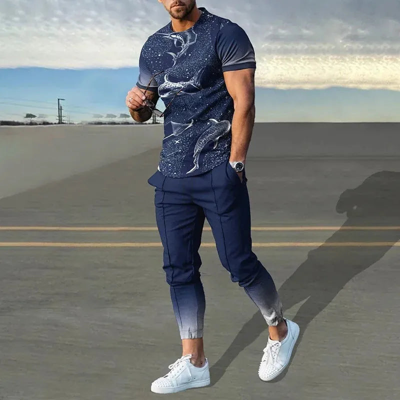 Men's short-sleeved round neck T-shirt and matching trousers set in a solid colour.