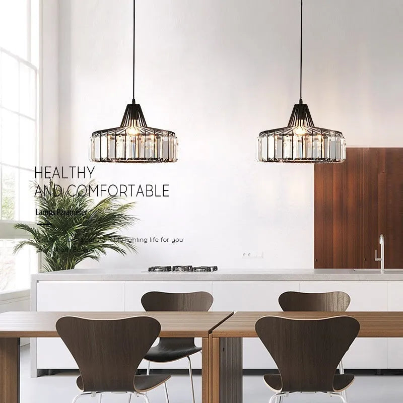 Modern crystal chandelier droplight with LED lights in black or gold finish, available in 18cm, 25cm and 32cm sizes
