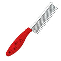 Red plastic handle pet grooming comb with stainless steel short and long teeth for dematting dogs and cats.