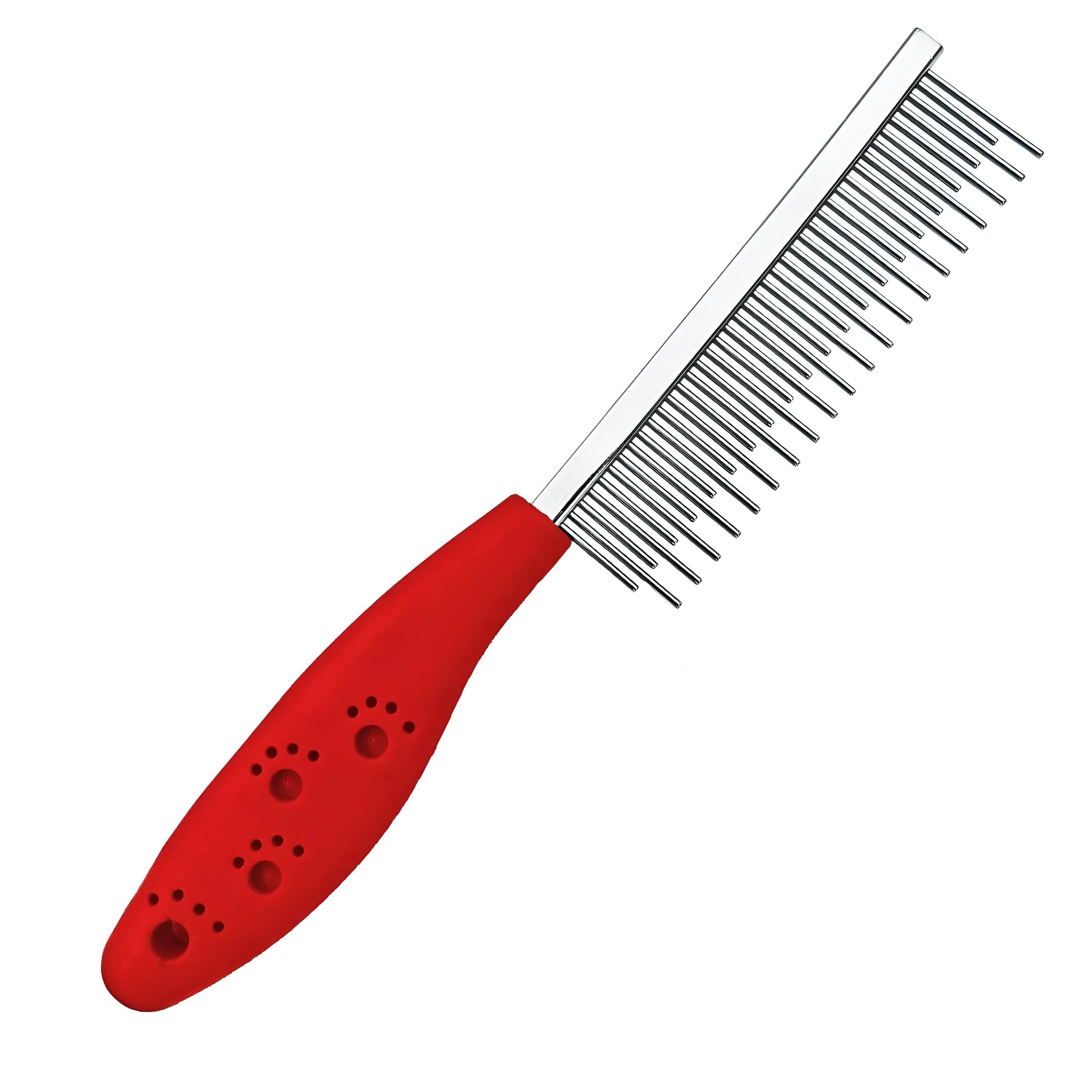 Red plastic handle pet grooming comb with stainless steel short and long teeth for dematting dogs and cats.