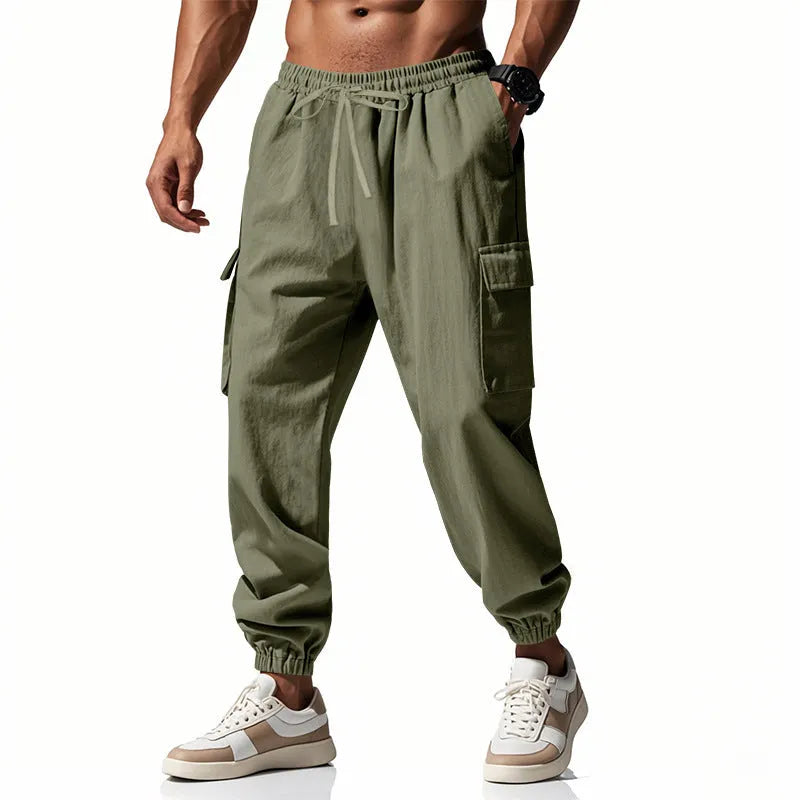 Men's linen casual trousers with ankle-tied cuffs and multiple pockets in loose fit