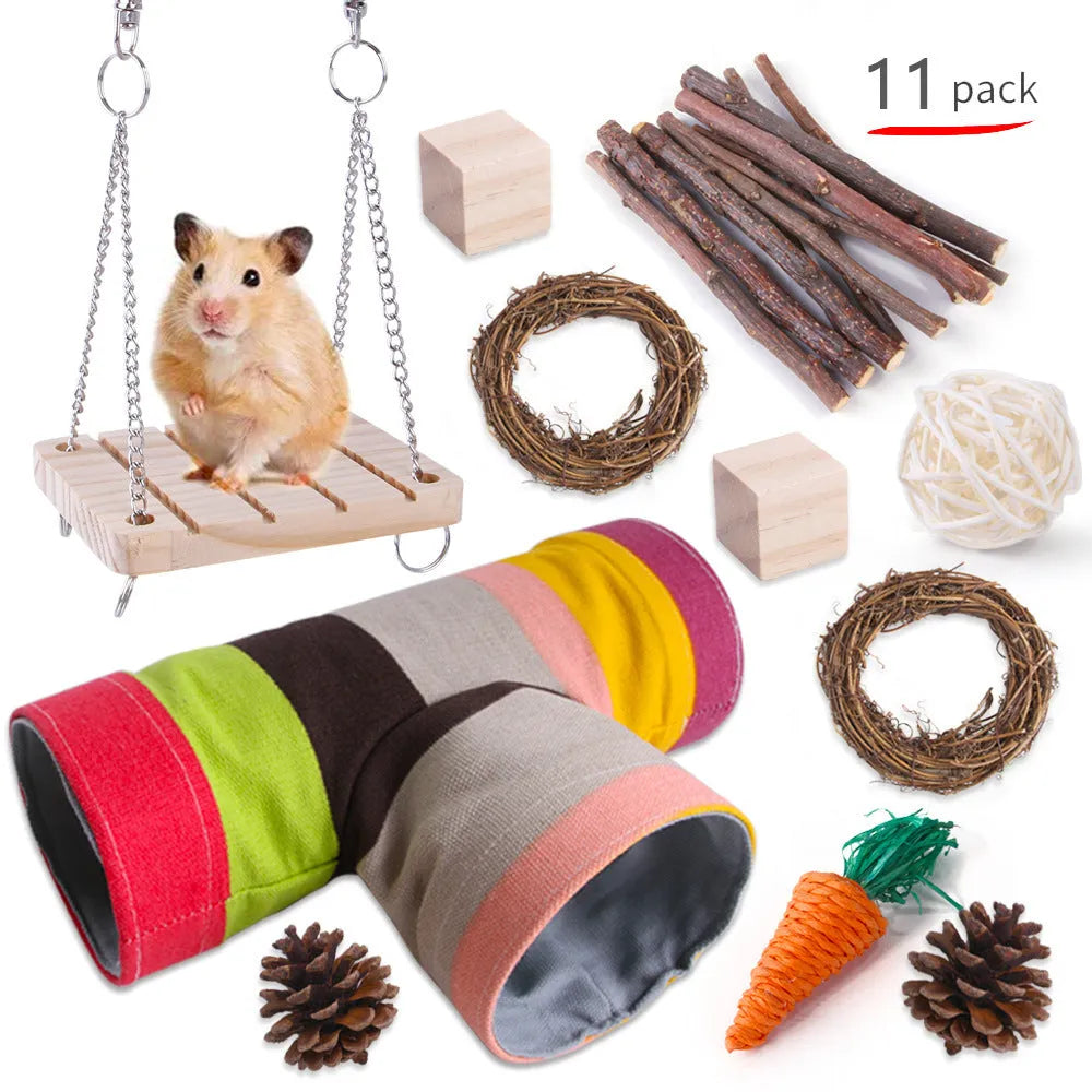 Wooden pet toy set with chewable pieces for rabbits, guinea pigs and parrots
