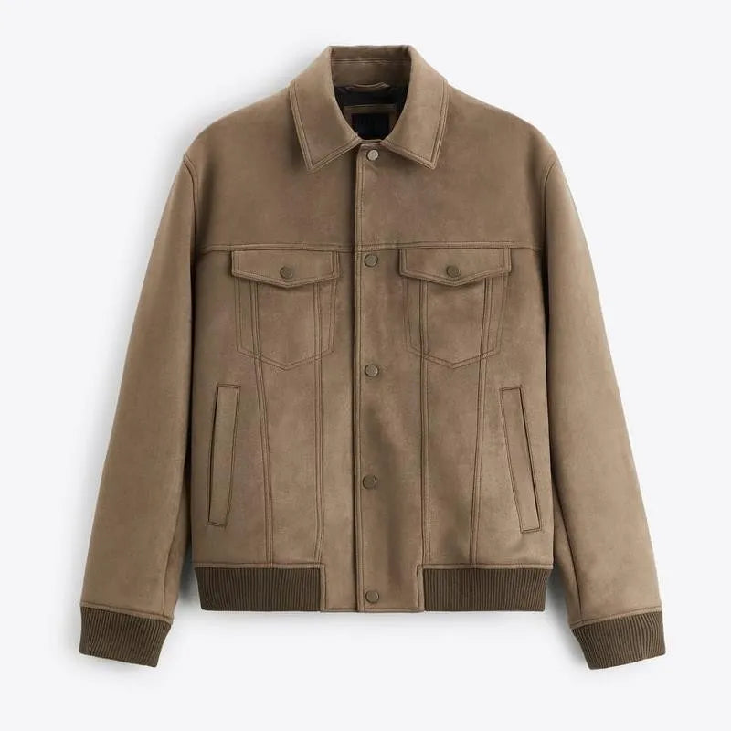 British-style suede velvet commuter jacket in spandex fabric, available in mink and light grey colours