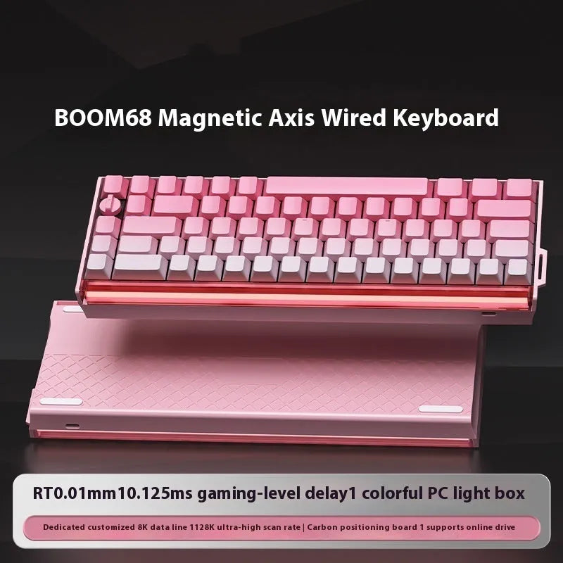 BOOM68 compact mechanical keyboard with RGB backlighting in Green Magic Blade colour scheme on a desk.