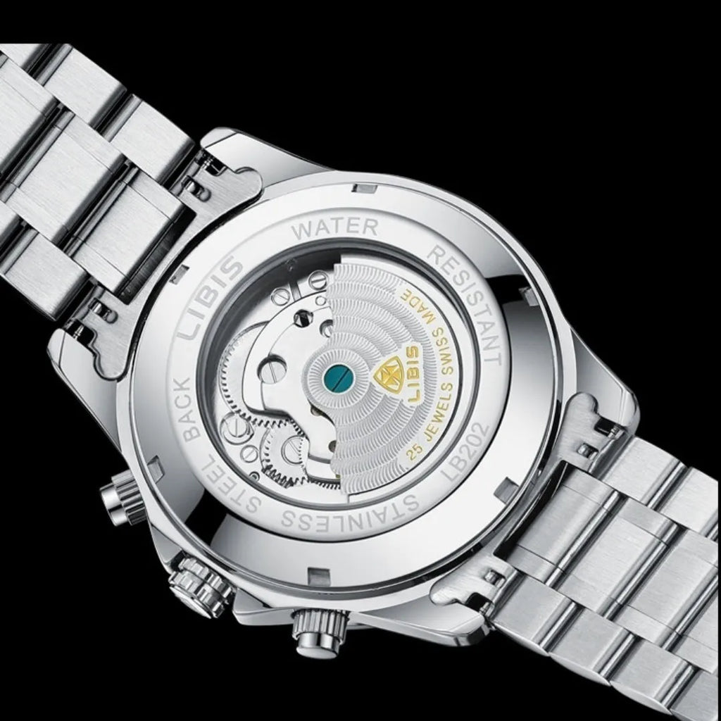 Silver men's automatic perpetual calendar watch with stainless steel band and sapphire glass.