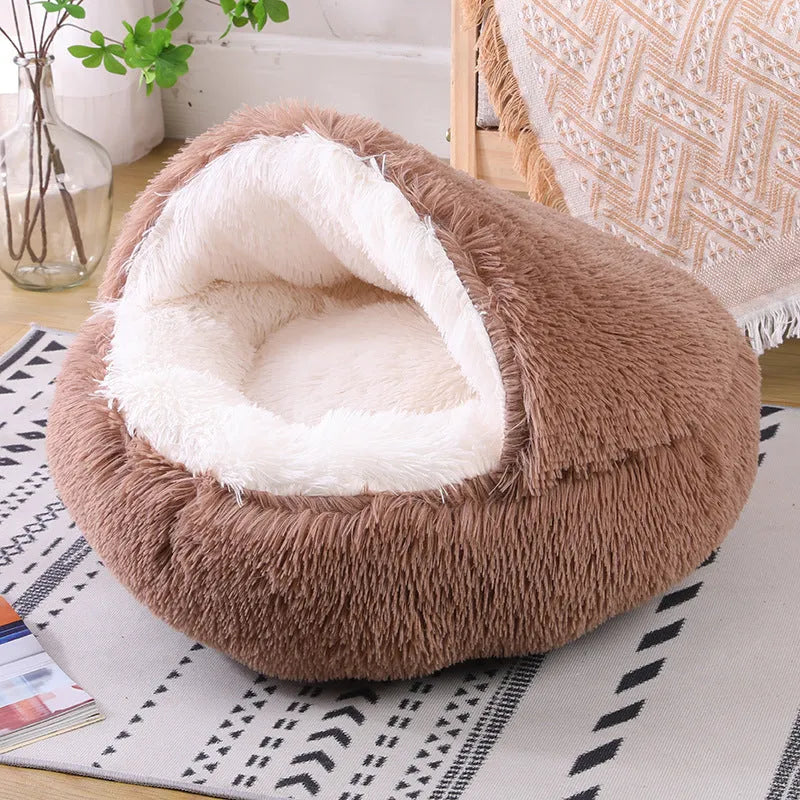 Semi-surrounded waterproof cloth dog kennel in a gradient colour, shown in a garden setting.