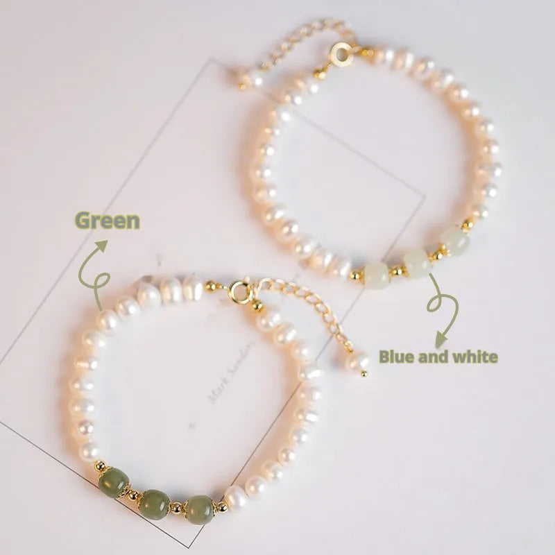 Korean-style freshwater pearl bracelet with diamond-shaped pearls in Hetian jade electroplated colours