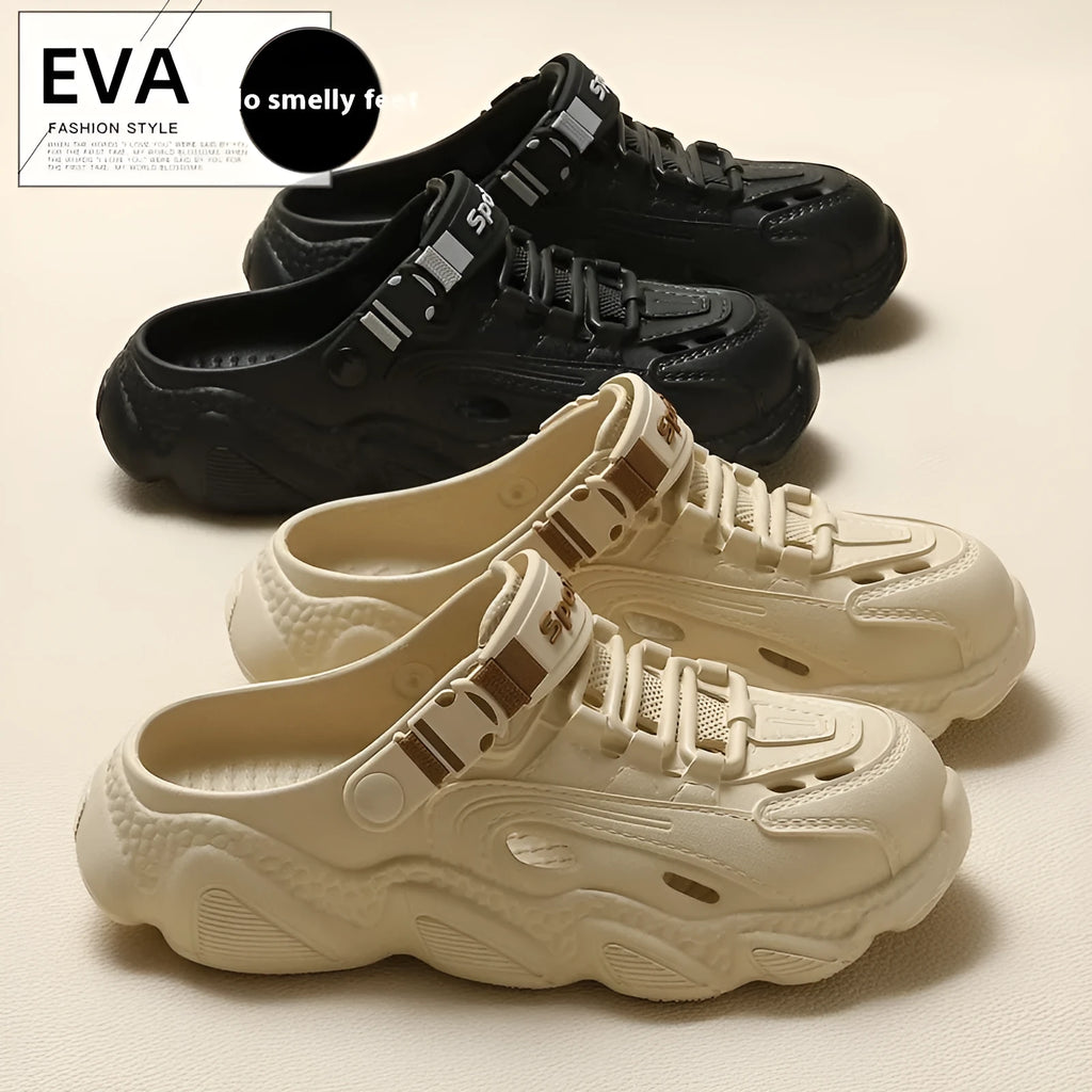 Men's khaki outdoor slippers with hollow out design and EVA soles showing non-slip pattern