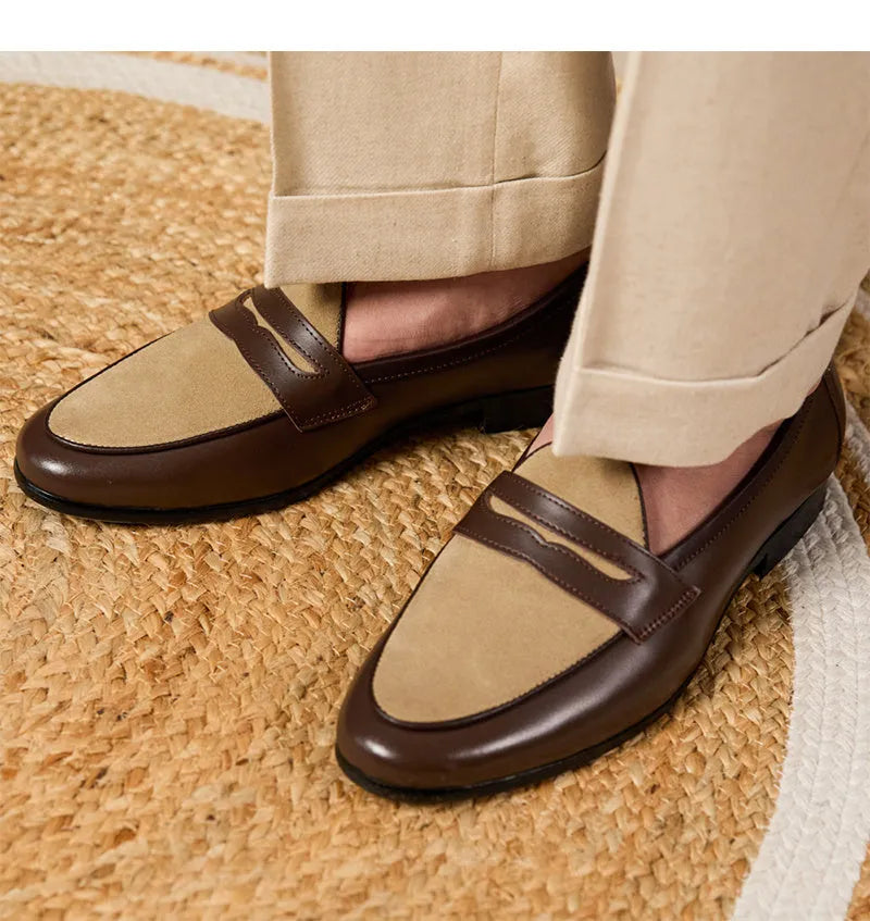 Men's coffee grey suede leather Belgium loafers with a slip-on design and rubber sole.