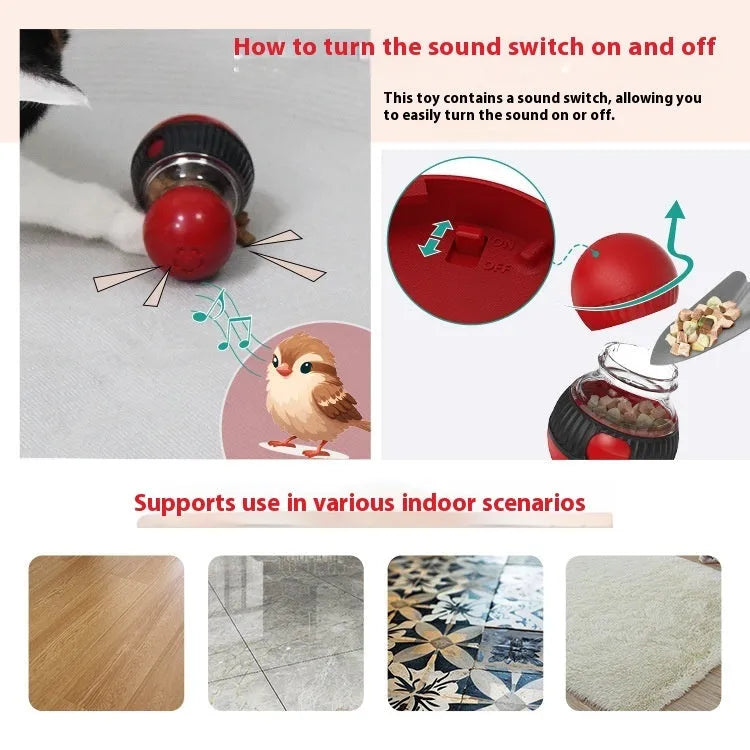 Plastic rotating cat feeder ball toy with a super ball component on a white background.