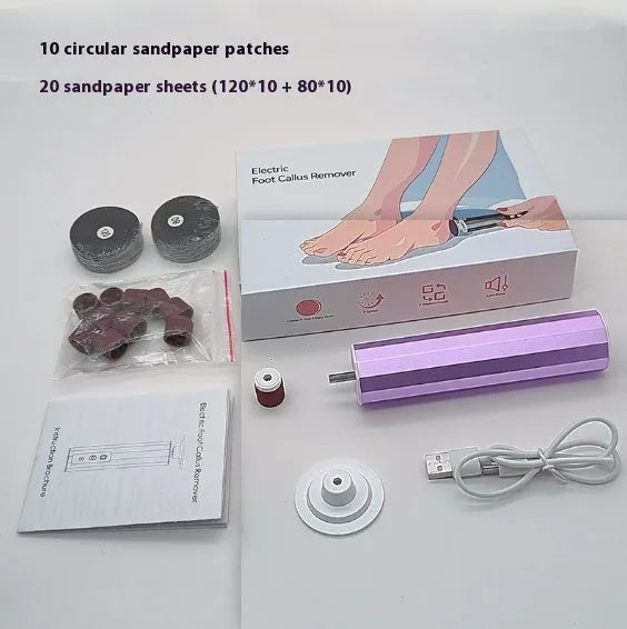 USB-powered electric callus trimmer manicure kit with sandpaper wheels in black, pink, or purple.