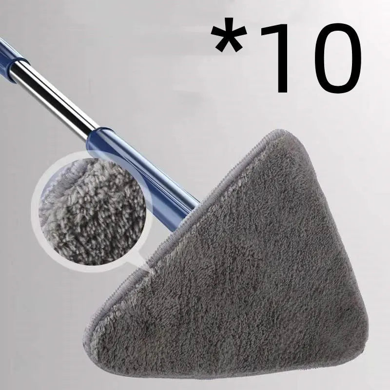 Blue triangular cleaning mop with 360-degree rotating head and adjustable stainless steel pole extended for use