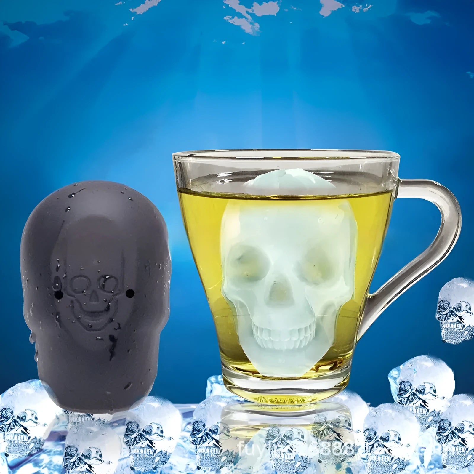 Food grade silicone ice cube tray showing 3D skull cavity shape