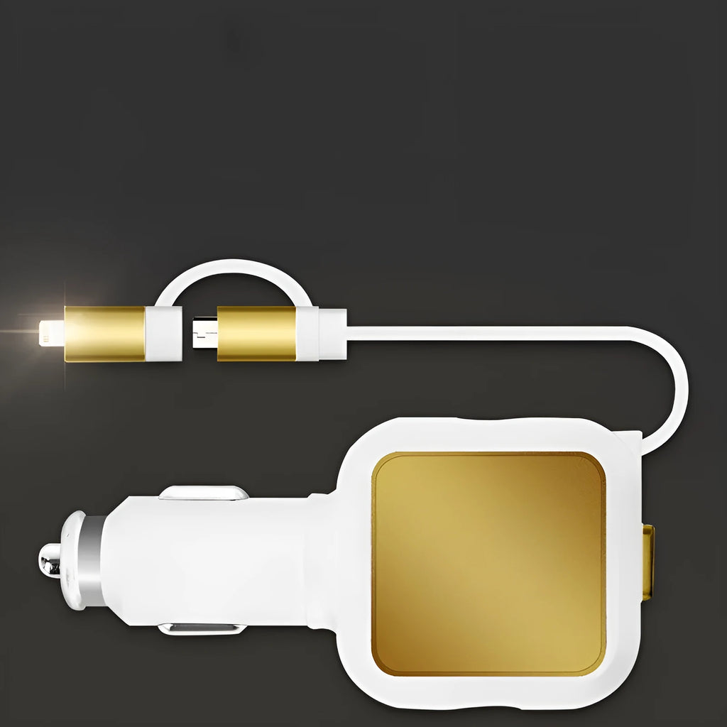 Black and gold dual USB car charger with retractable cable extended from compact body