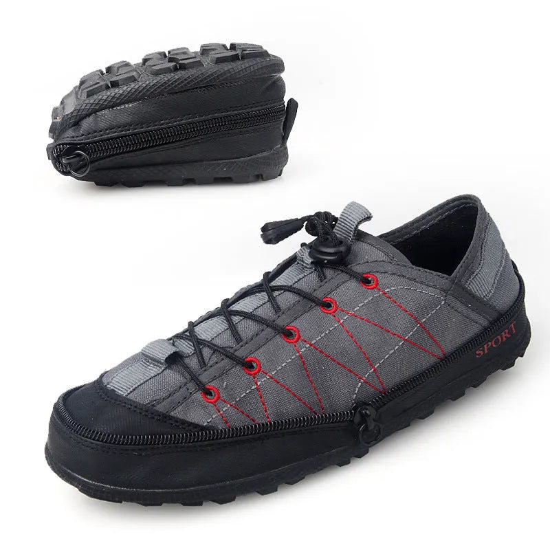Portable folding outdoor hiking shoes in orange, featuring a mesh upper and side zipper closure.