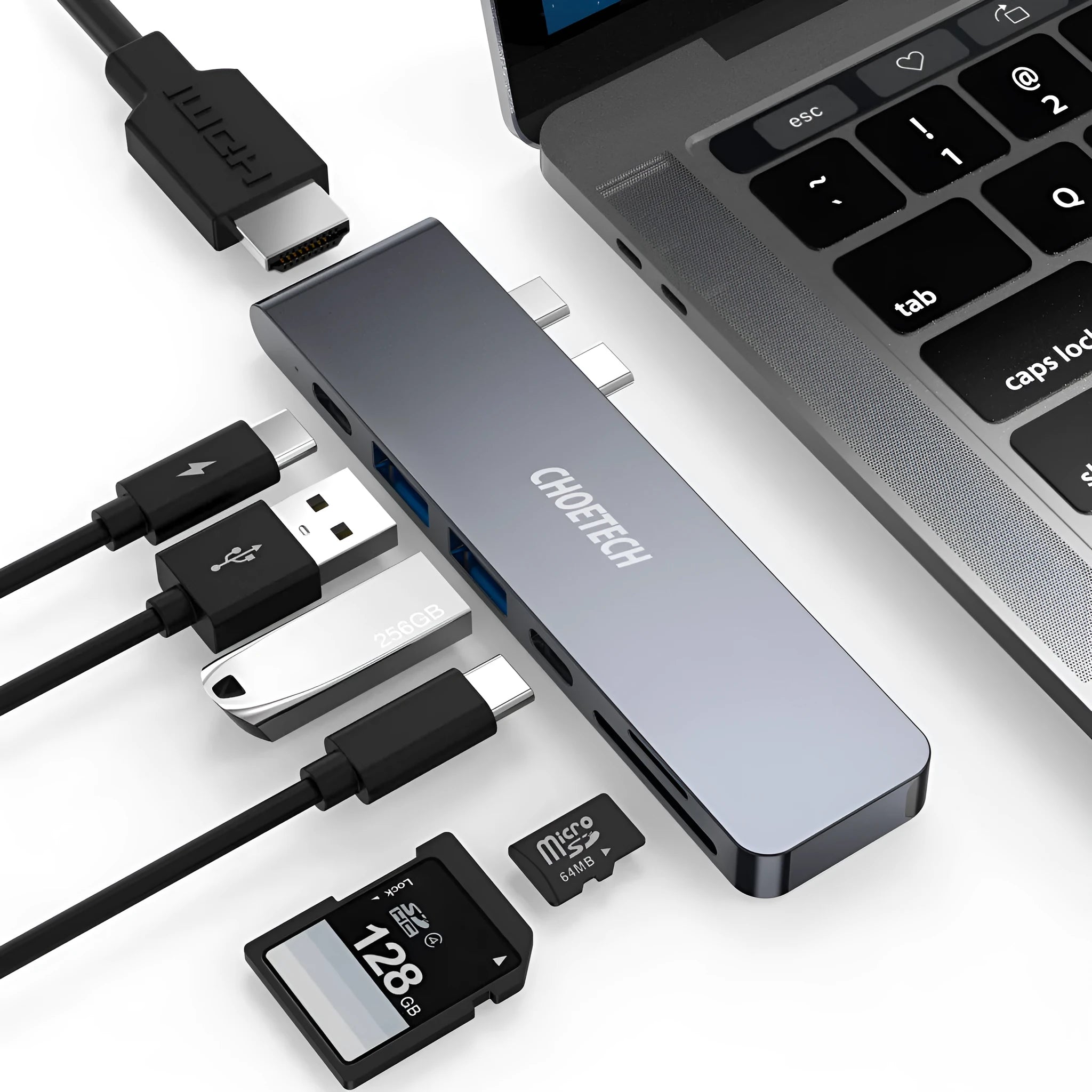 Aluminium alloy USB-C hub with SD card reader, HDMI, USB 3.0, and charging ports