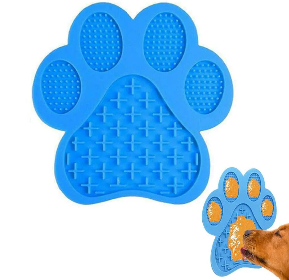 Blue bone-shaped silicone dog licking mat with suction cups on the back.
