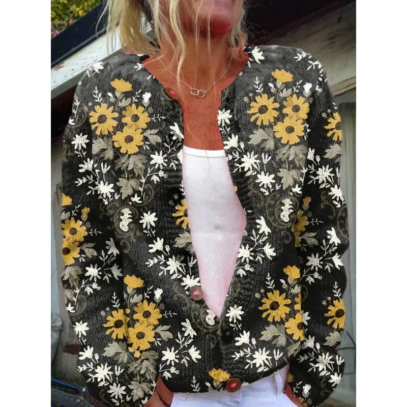 Yellow women's cardigan knitted coat with 3D stereo pattern digital printing, showing front view with regular sleeves