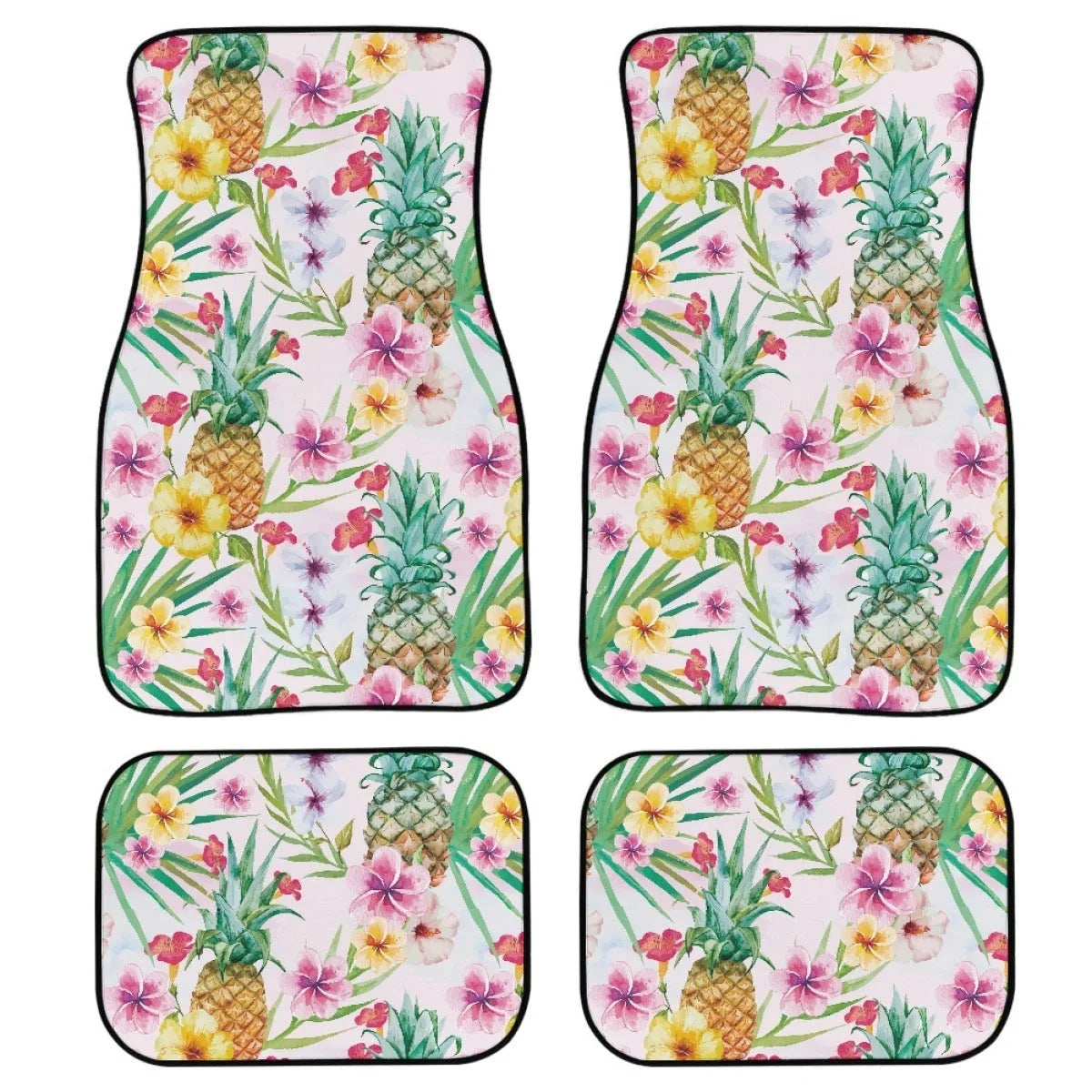 Black printed rubber car floor mat set, four pieces, 20mm thick, on a car interior floor.