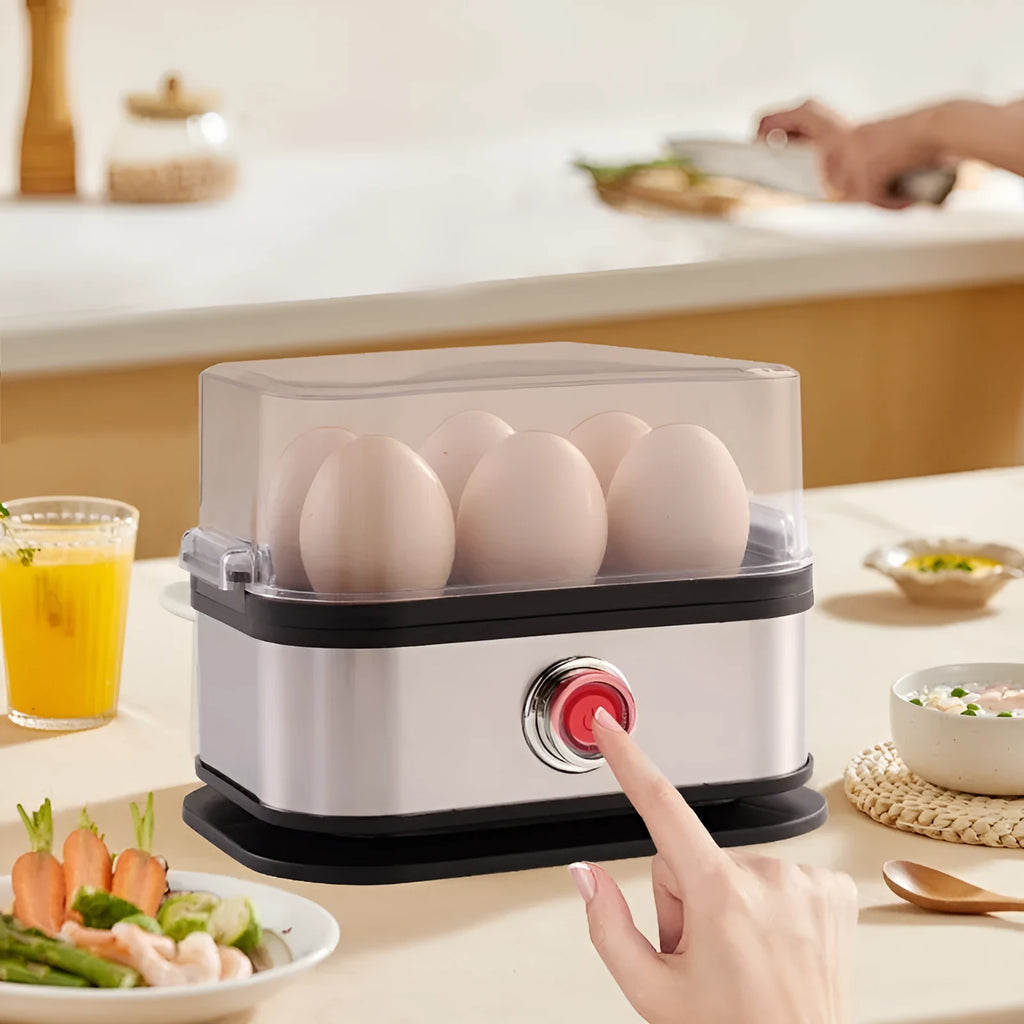 Black stainless steel portable egg boiler with belt clip for travel cooking