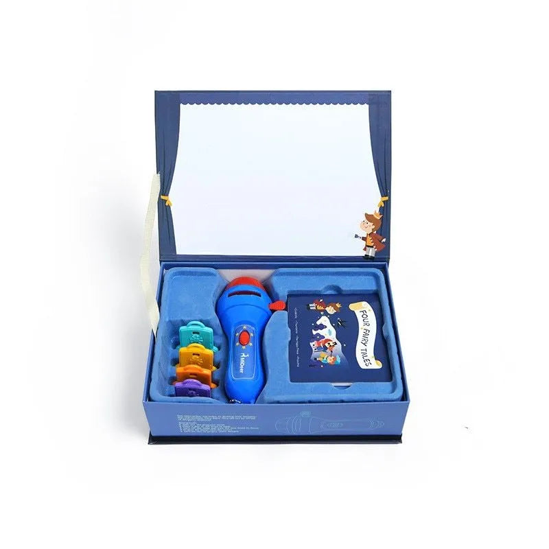 SmartKids story projector torch with four projection discs showing fairy tale images on bedroom wall