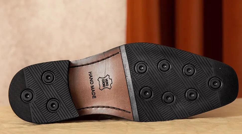 Men's black and brown genuine leather slip-on loafers with pigskin lining and rubber sole