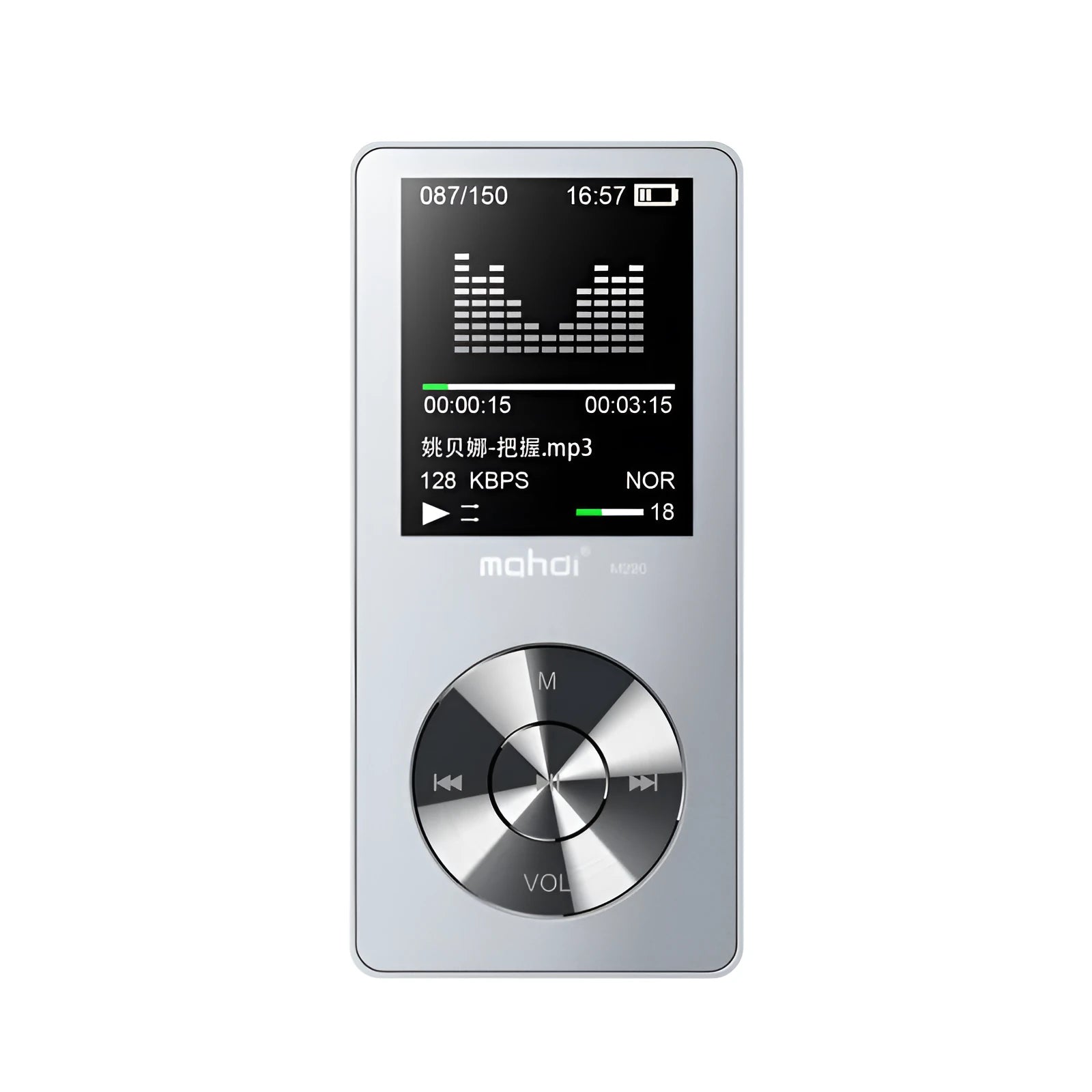Gold, silver, or black metal MP3 music player with a 1.8-inch screen and key controls.