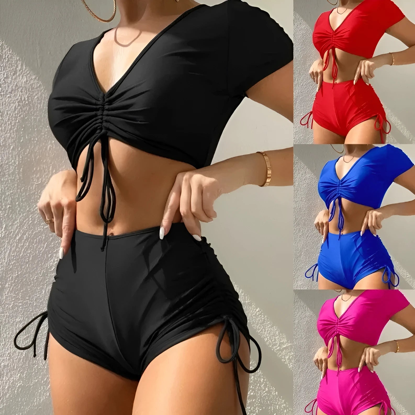 Women's lace-up bow swimsuit two-piece set with high-waisted shorts in polyester material