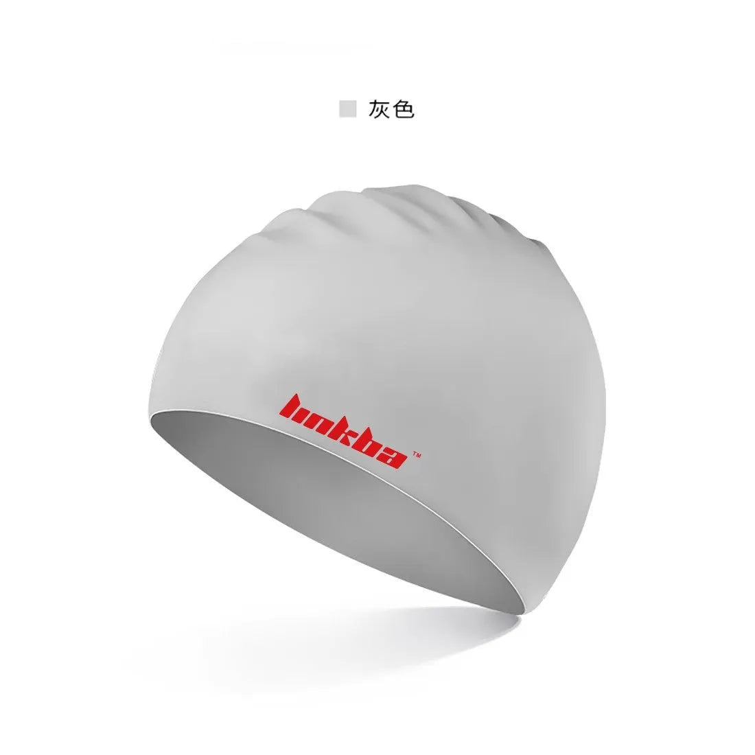 Black silicone swimming cap with white letter pattern and integrated waterproof earmuffs.