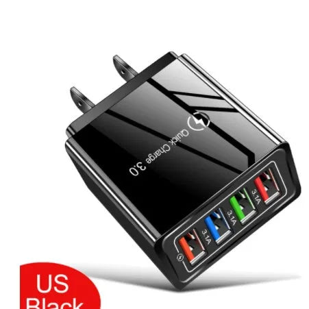Four-port USB wall charger with LED light in choice of seven colours and EU/US plug options